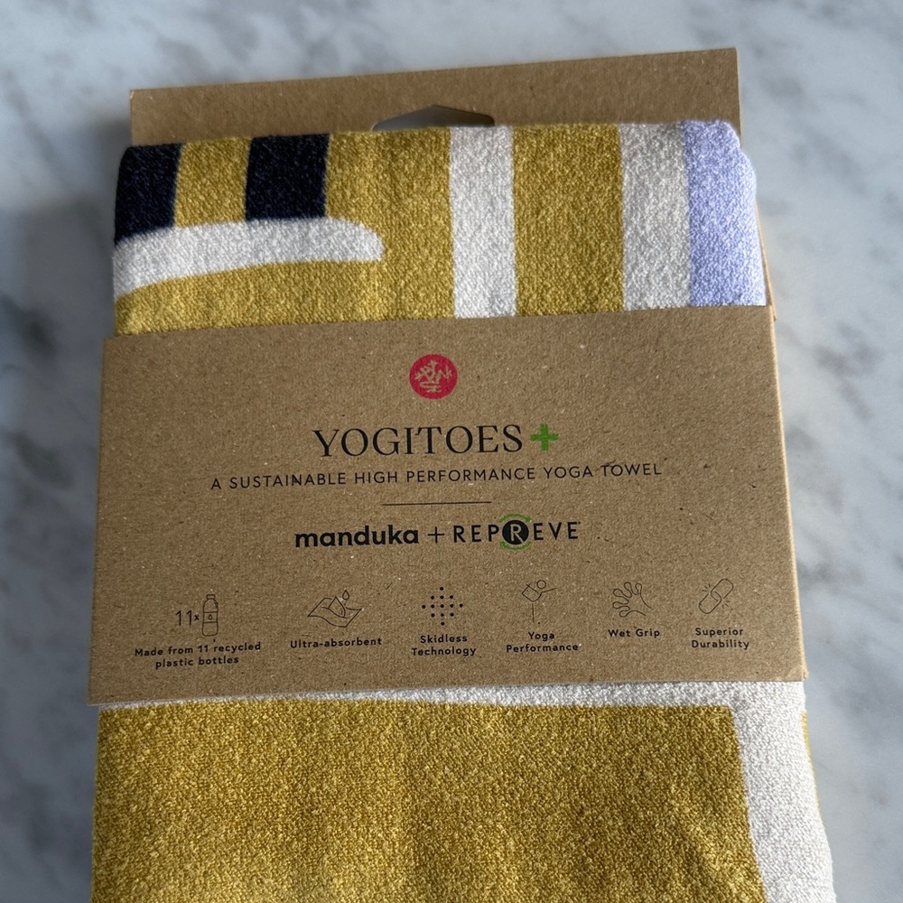 NWT Manduka Yogitoes Gold, white, purple, pink stripe design Yoga Towel